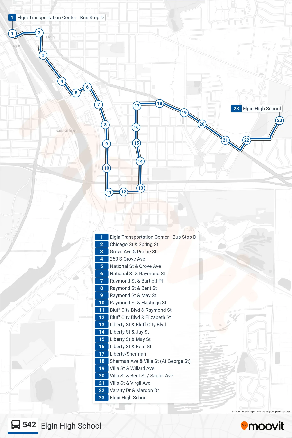 542 bus Line (Elgin High School) route and stops on a map