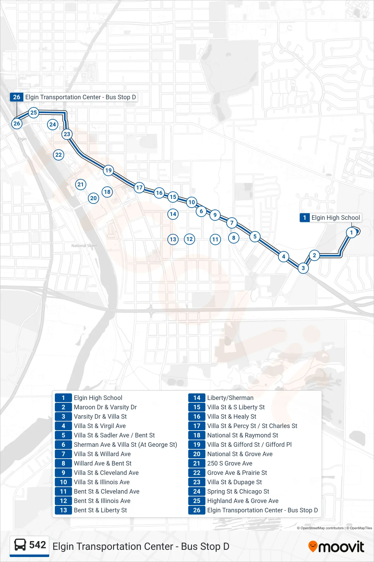 542 bus Line (Elgin Transportation Center - Bus Stop D) route and stops on a map