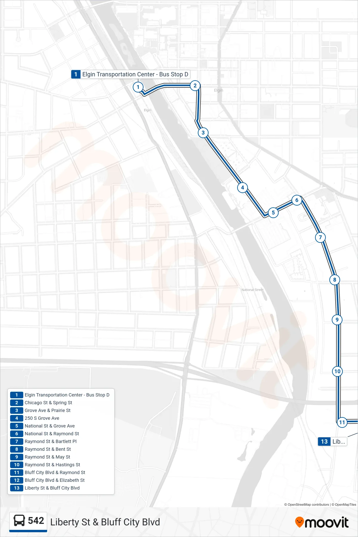 542 bus Line (Liberty St & Bluff City Blvd) route and stops on a map