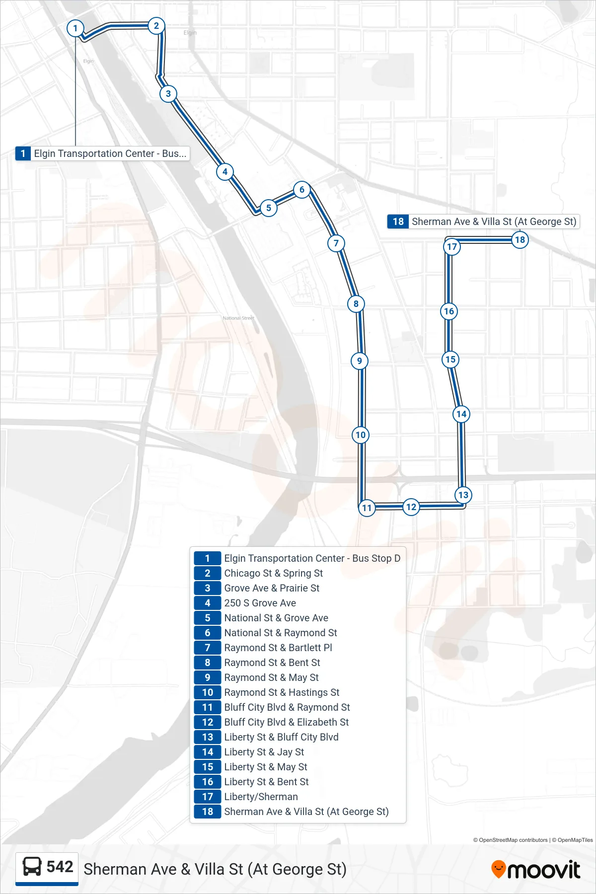 542 bus Line (Sherman Ave & Villa St (At George St)) route and stops on a map