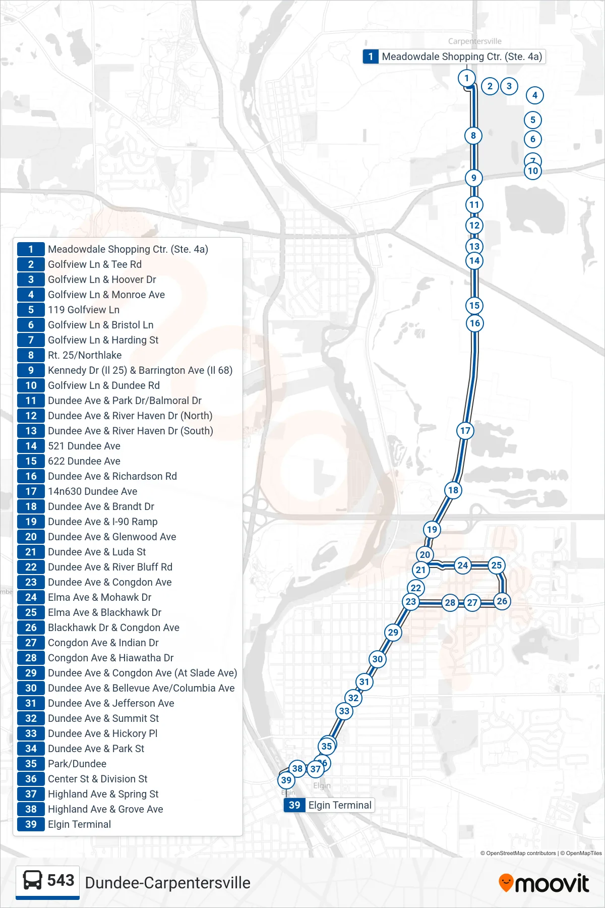 543 bus Line (Elgin Transportation Center - Bus Stop B) route and stops on a map