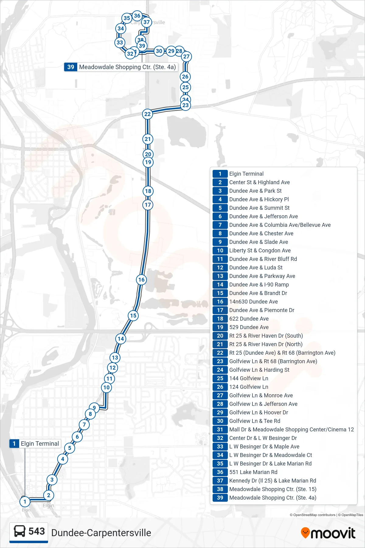 543 bus Line (Meadowdale Shopping Ctr. (Ste. 4a)) route and stops on a map