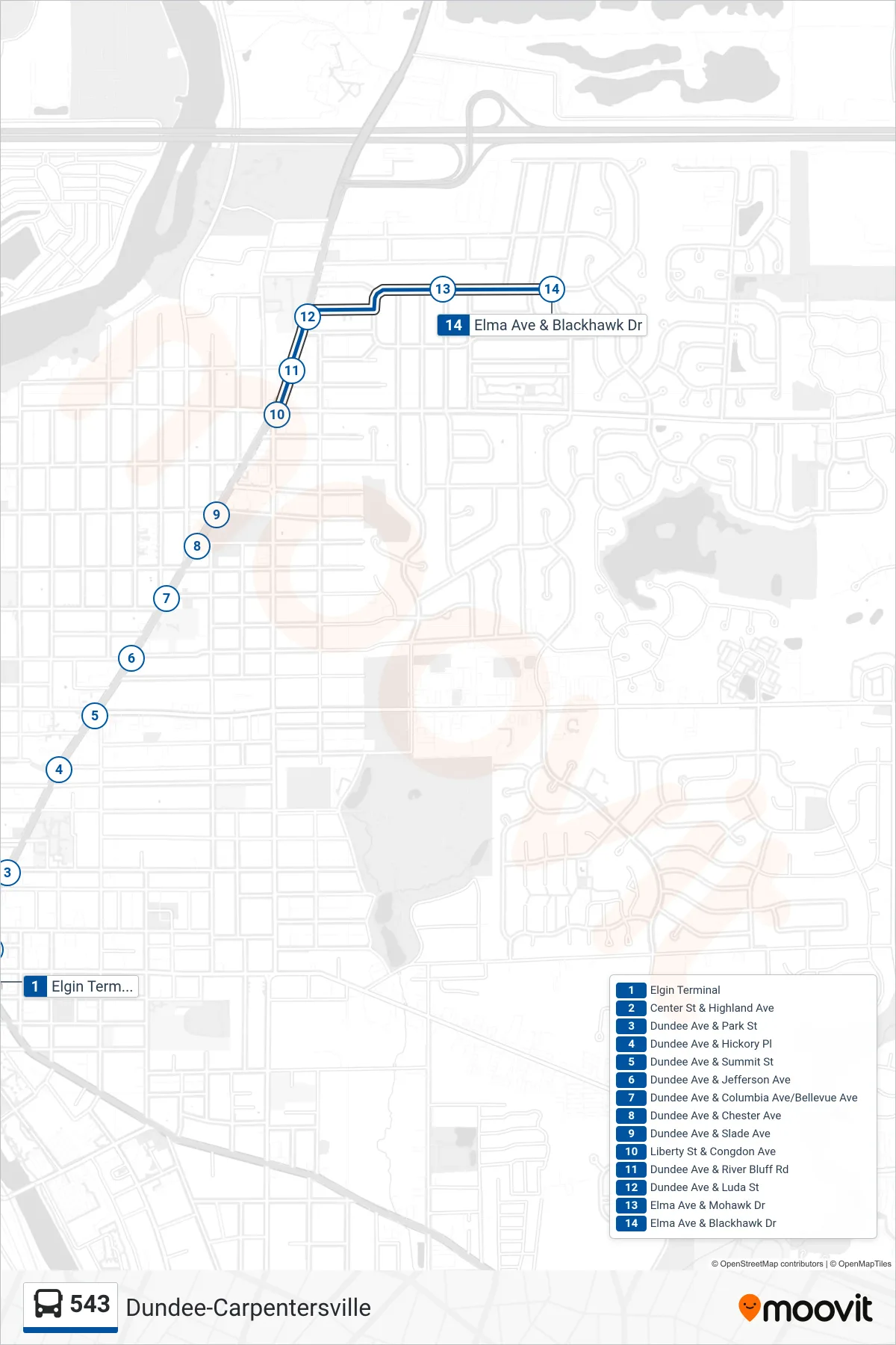 543 bus Line (Elma Ave & Blackhawk Dr) route and stops on a map