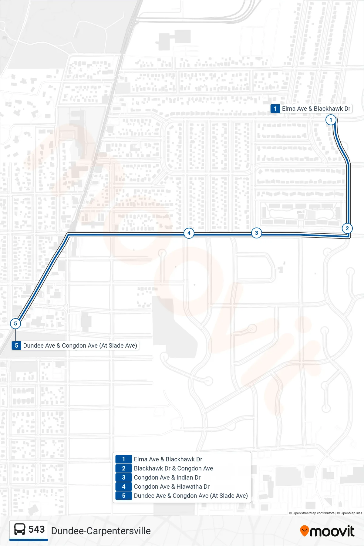 543 bus Line (Dundee Ave & Congdon Ave (At Slade Ave)) route and stops on a map