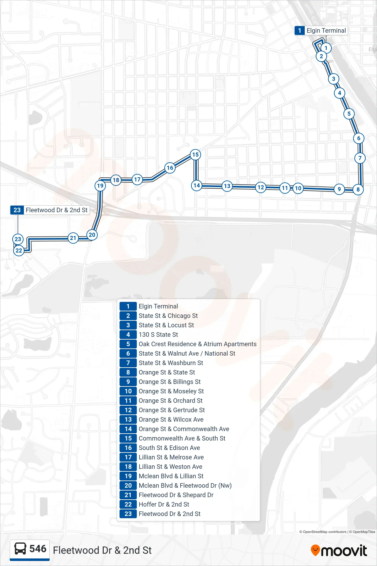 546 bus Line (Fleetwood Dr & 2nd St) route and stops on a map