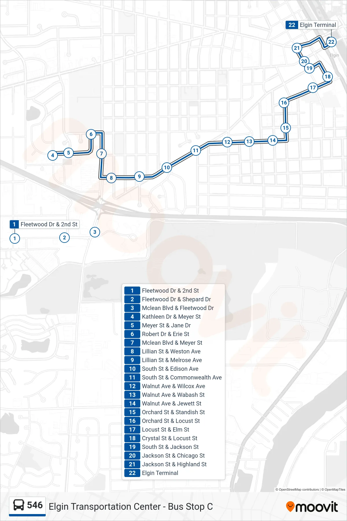 546 bus Line (Elgin Transportation Center - Bus Stop C) route and stops on a map