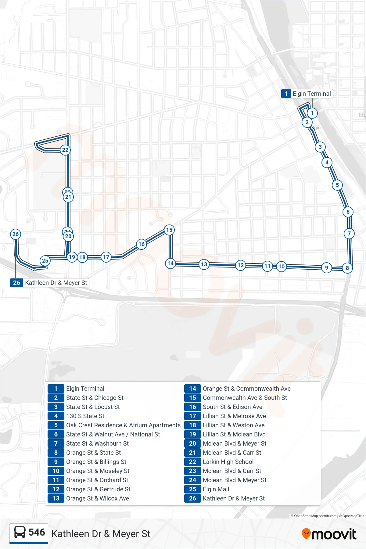 546 bus Line (Kathleen Dr & Meyer St) route and stops on a map