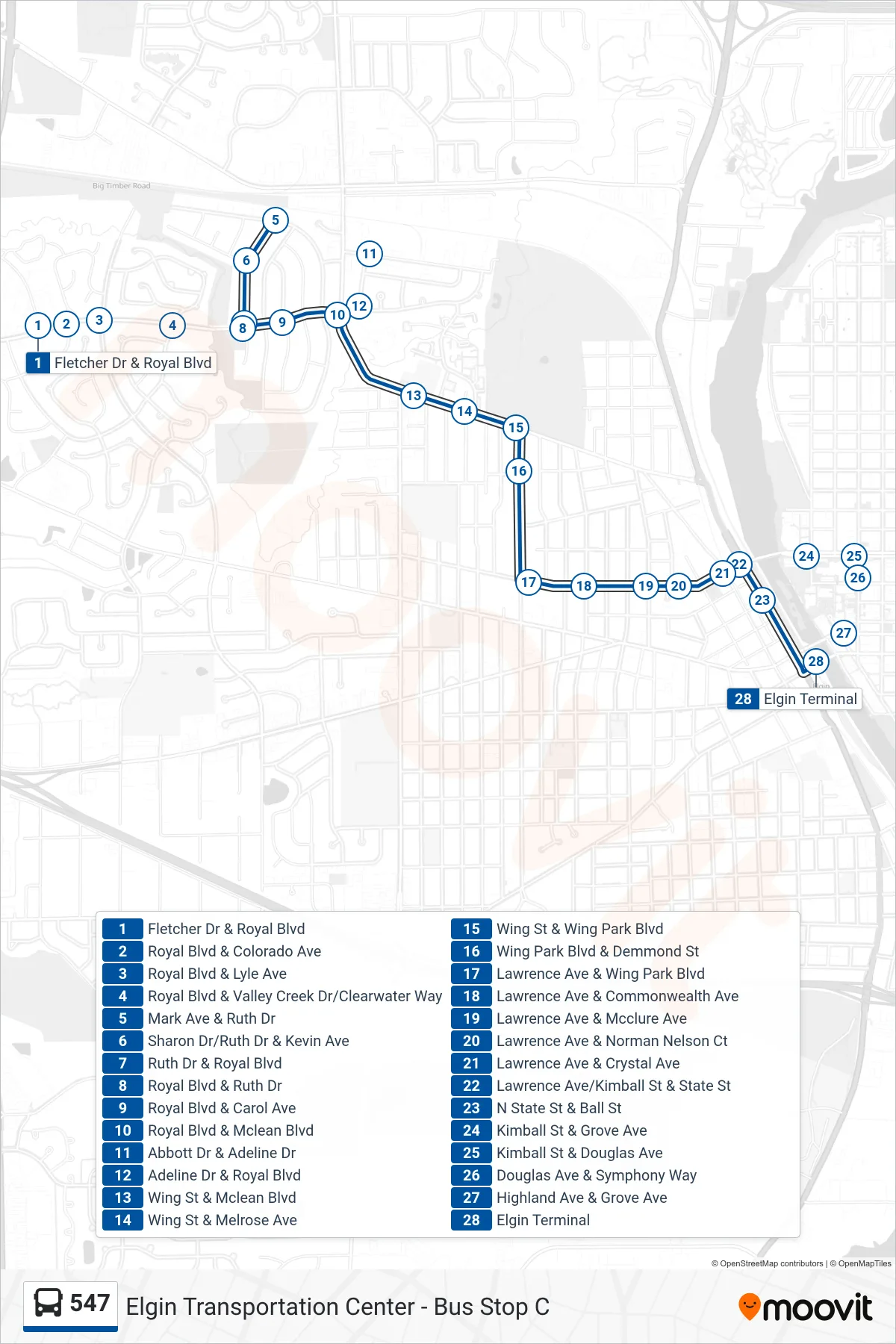 547 bus Line (Elgin Transportation Center - Bus Stop C) route and stops on a map
