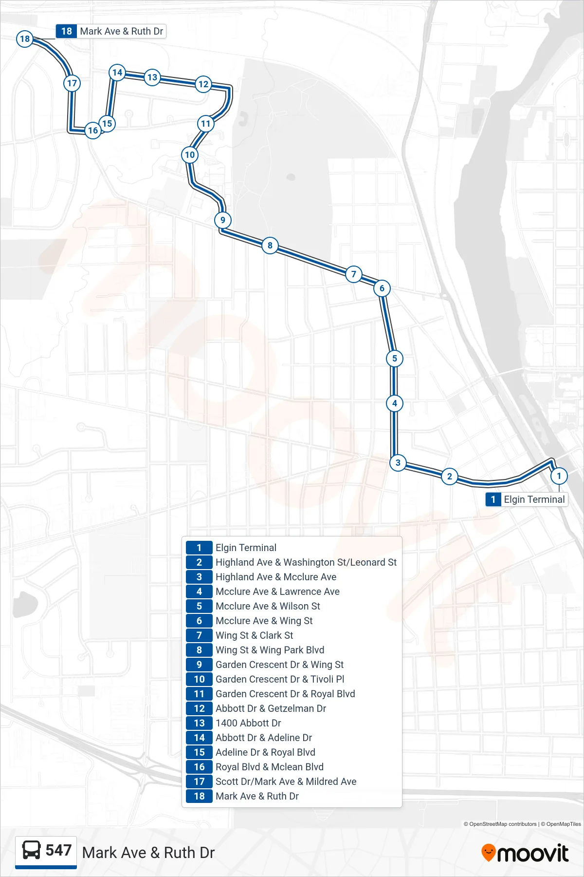 547 bus Line (Mark Ave & Ruth Dr) route and stops on a map