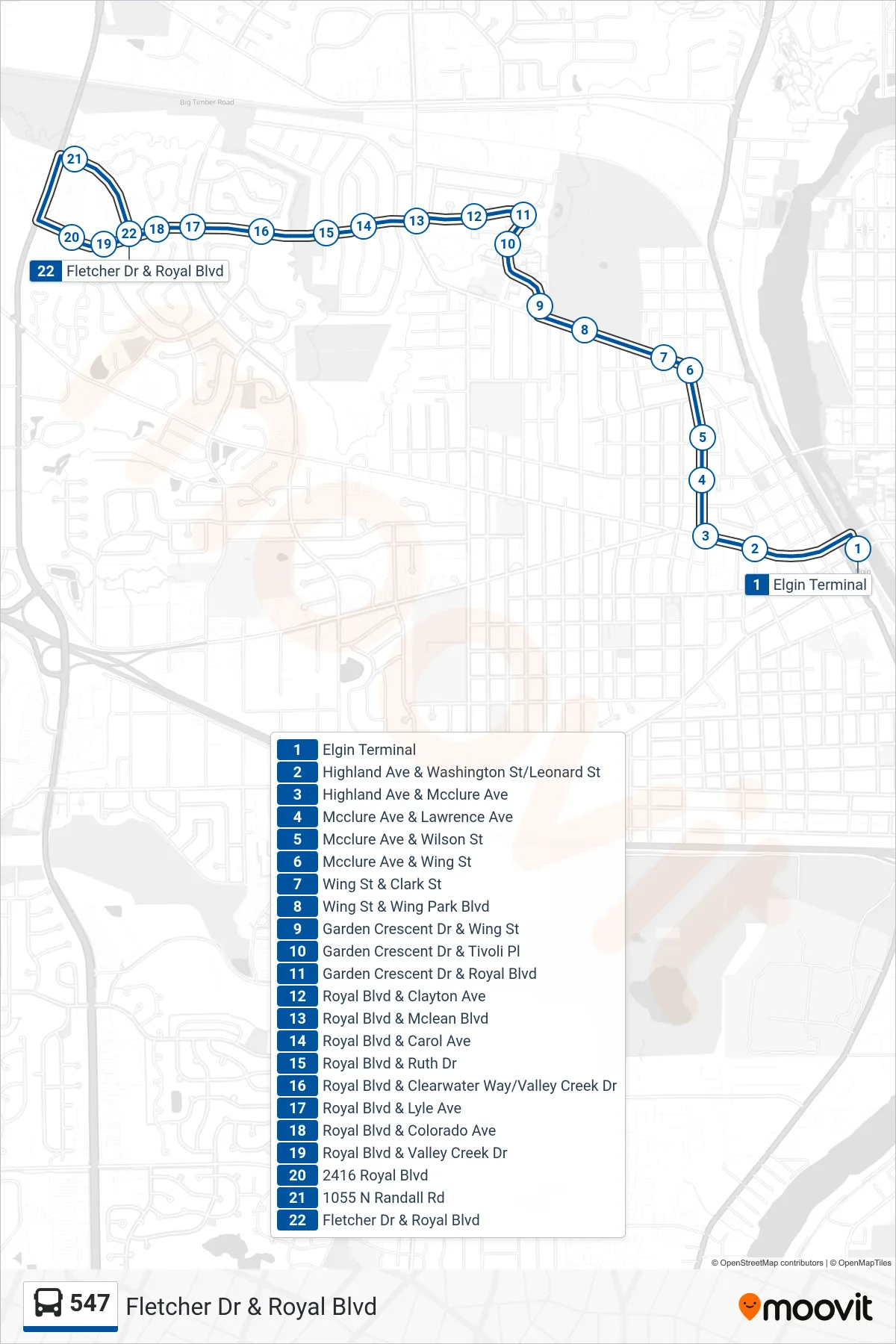 547 bus Line (Fletcher Dr & Royal Blvd) route and stops on a map
