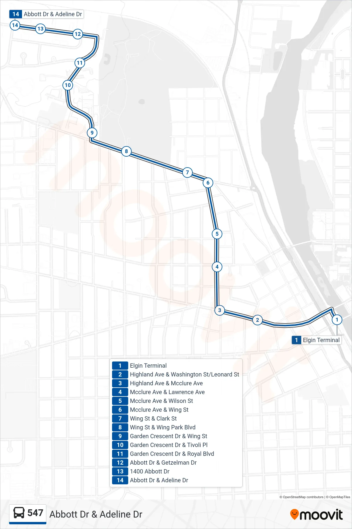547 bus Line (Abbott Dr & Adeline Dr) route and stops on a map