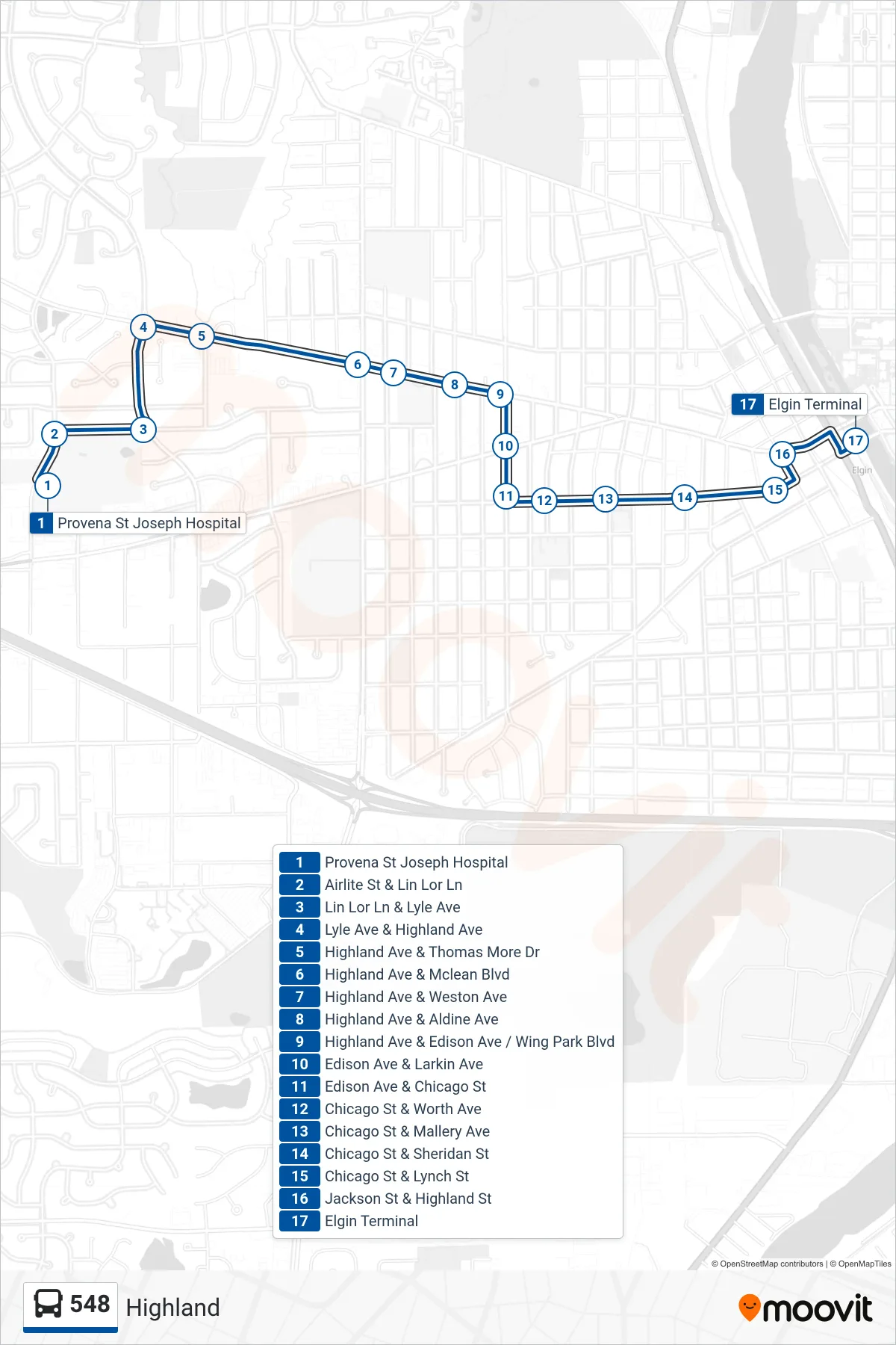 548 bus Line (Elgin Transportation Center - Bus Stop C) route and stops on a map