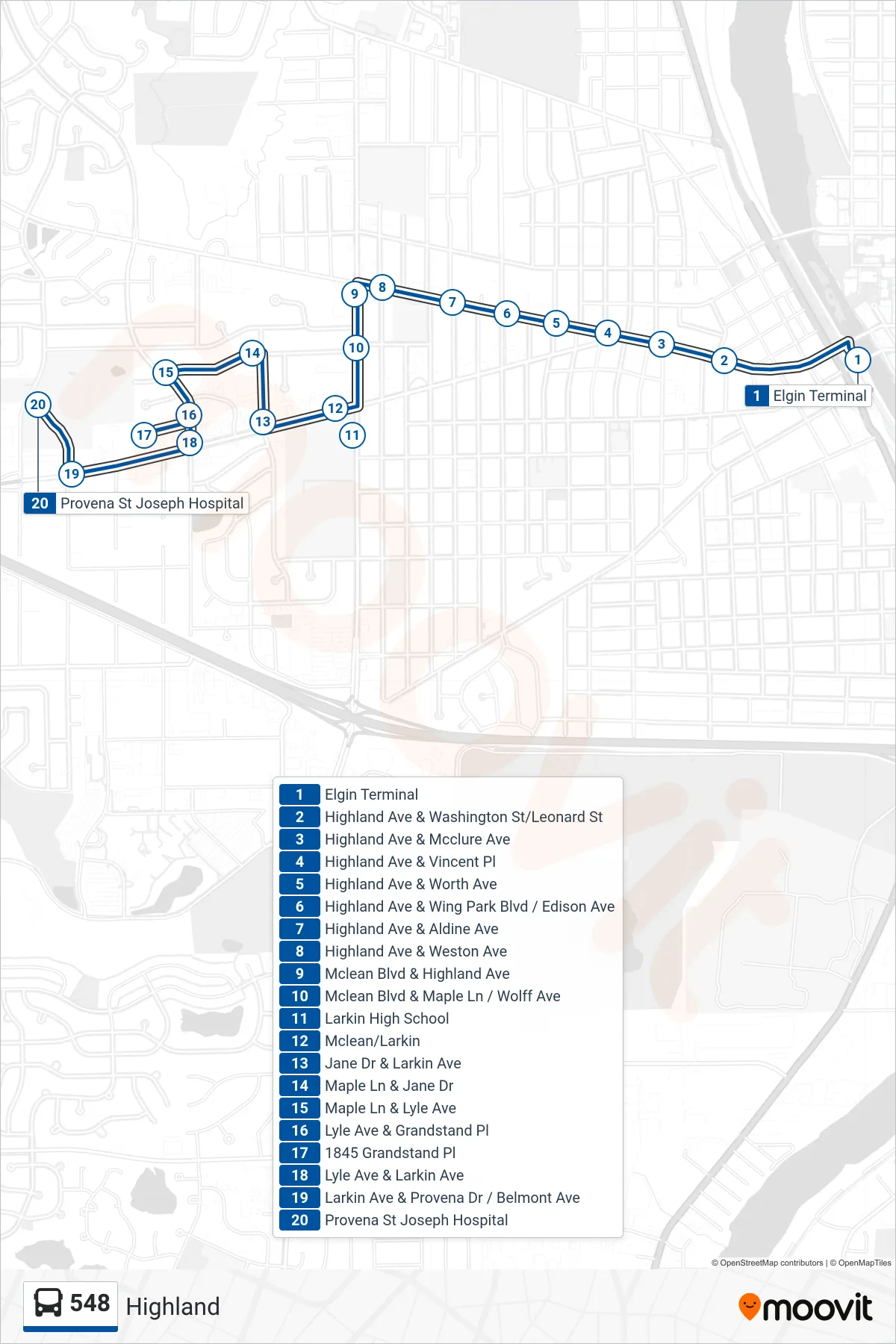 548 bus Line (Provena St Joseph Hospital) route and stops on a map