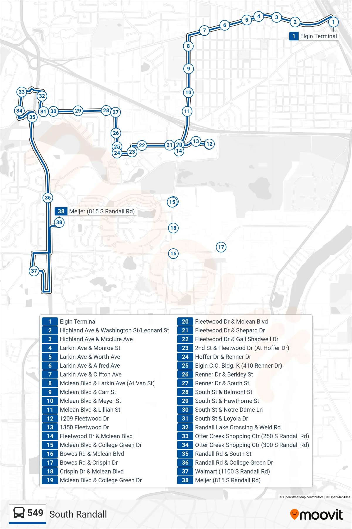 549 bus Line (Meijer (815 S Randall Rd)) route and stops on a map