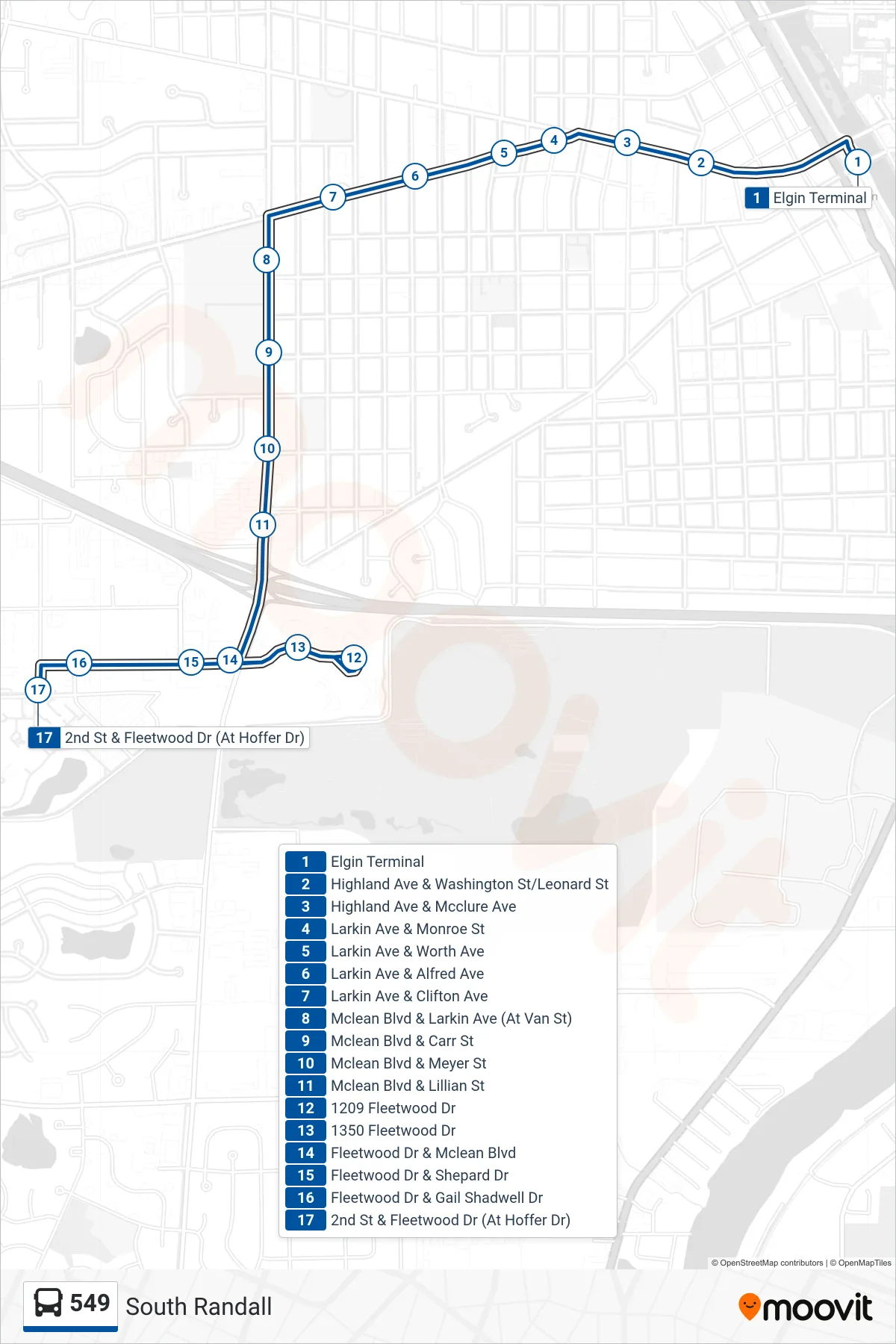 549 bus Line (2nd St & Fleetwood Dr (At Hoffer Dr)) route and stops on a map