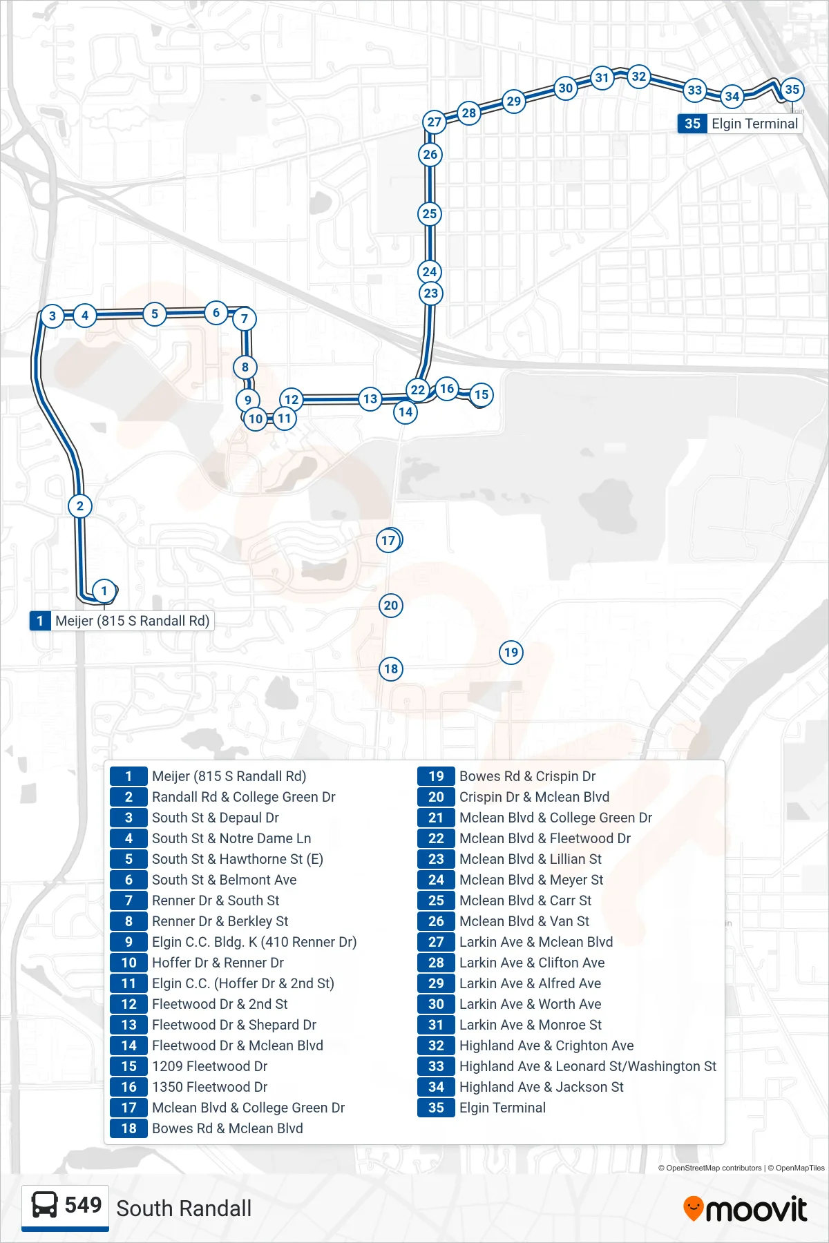 549 bus Line (Elgin Transportation Center - Bus Stop C) route and stops on a map