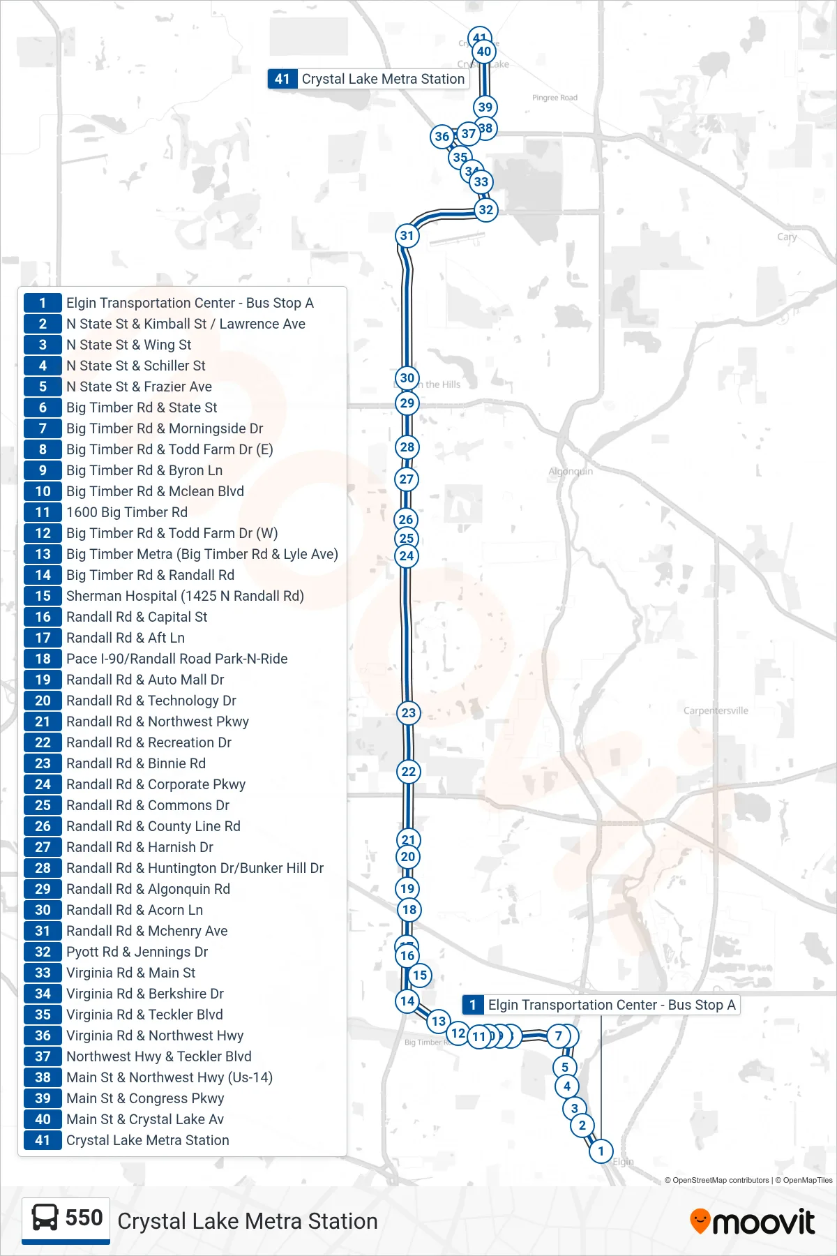 550 bus Line (Crystal Lake Metra Station) route and stops on a map
