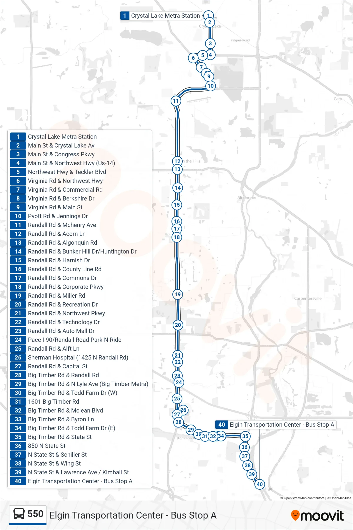 550 bus Line (Elgin Transportation Center - Bus Stop A) route and stops on a map