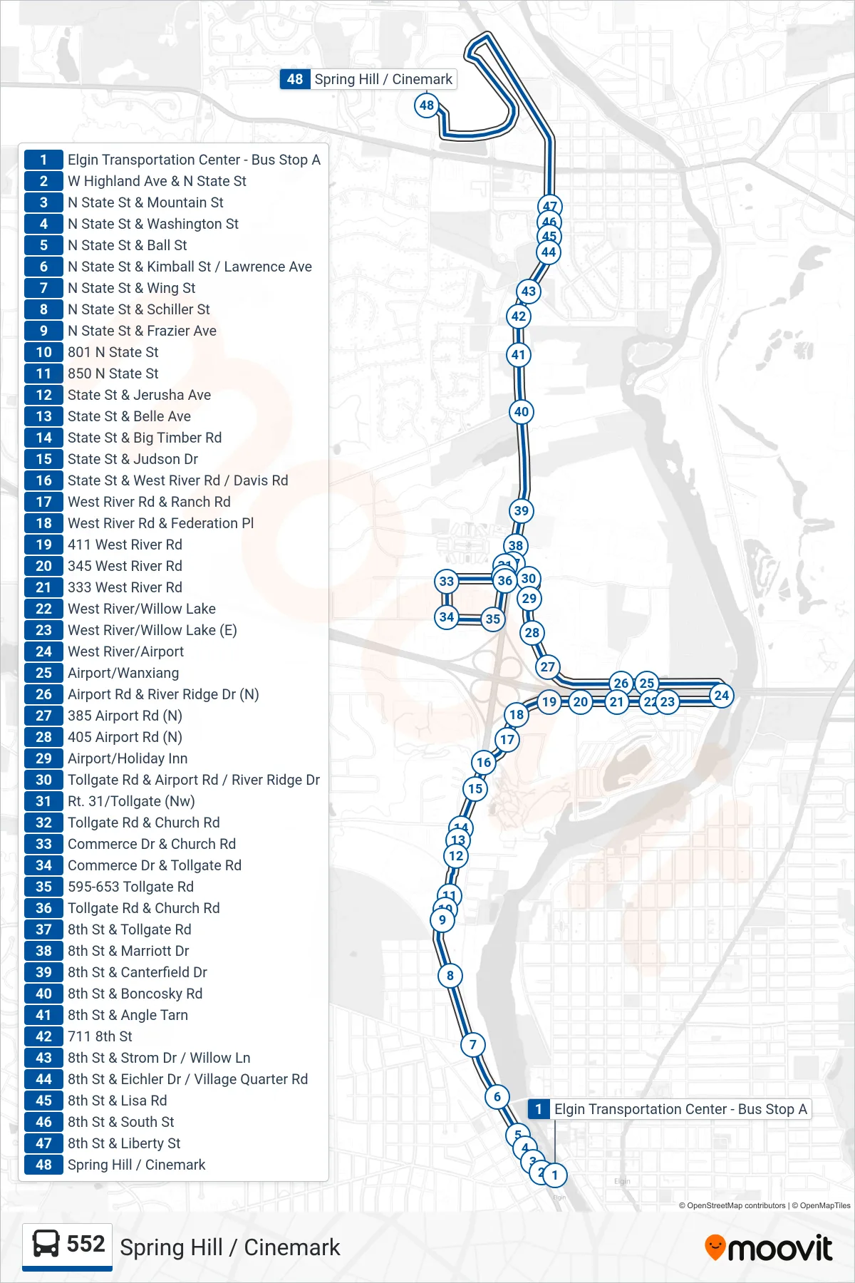 552 bus Line (Spring Hill / Cinemark) route and stops on a map