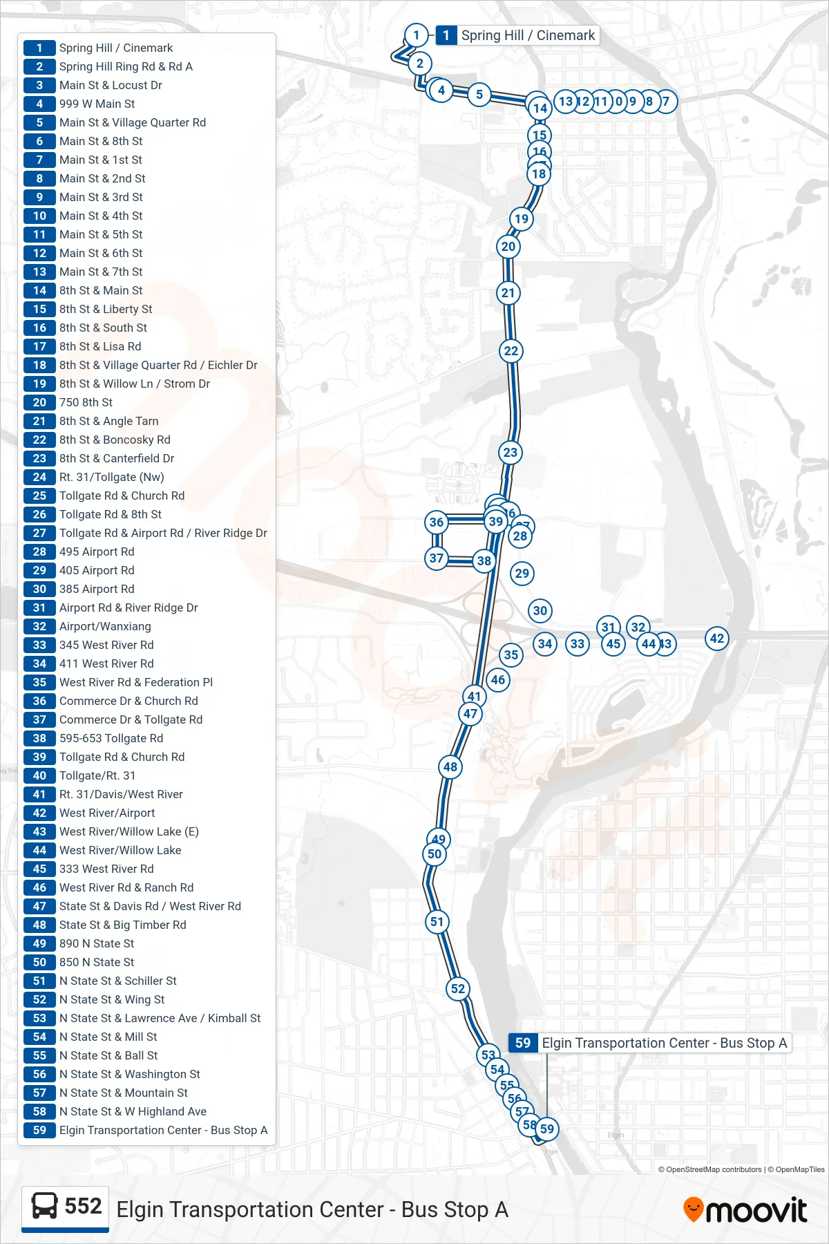 552 bus Line (Elgin Transportation Center - Bus Stop A) route and stops on a map