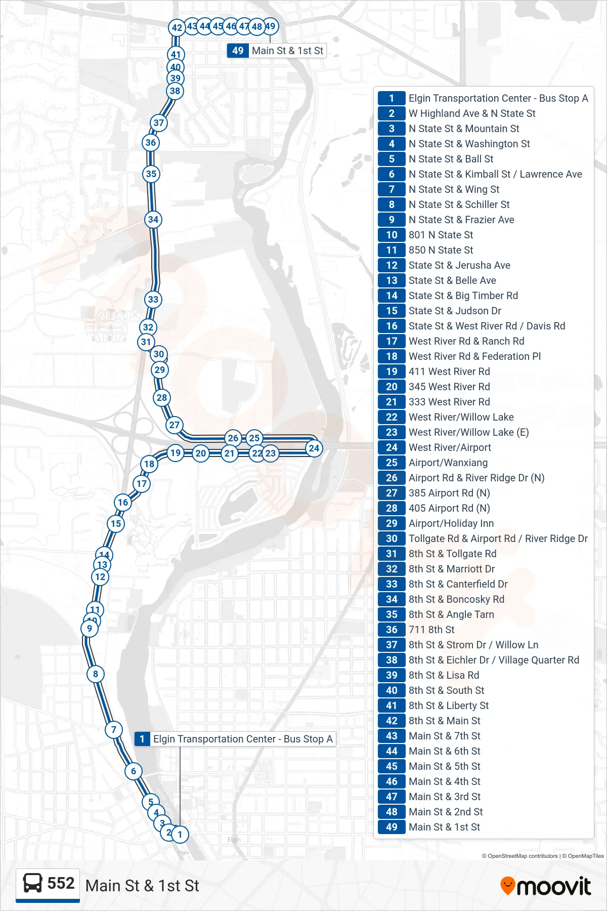 552 bus Line (Main St & 1st St) route and stops on a map