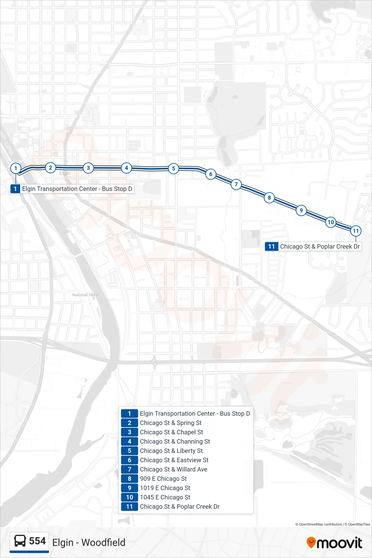 554 bus Line (Chicago St & Poplar Creek Dr) route and stops on a map