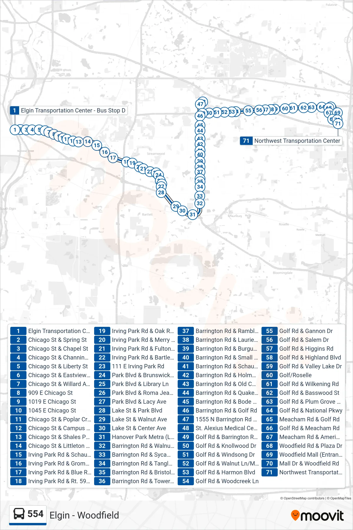 554 bus Line (Northwest Transportation Center) route and stops on a map