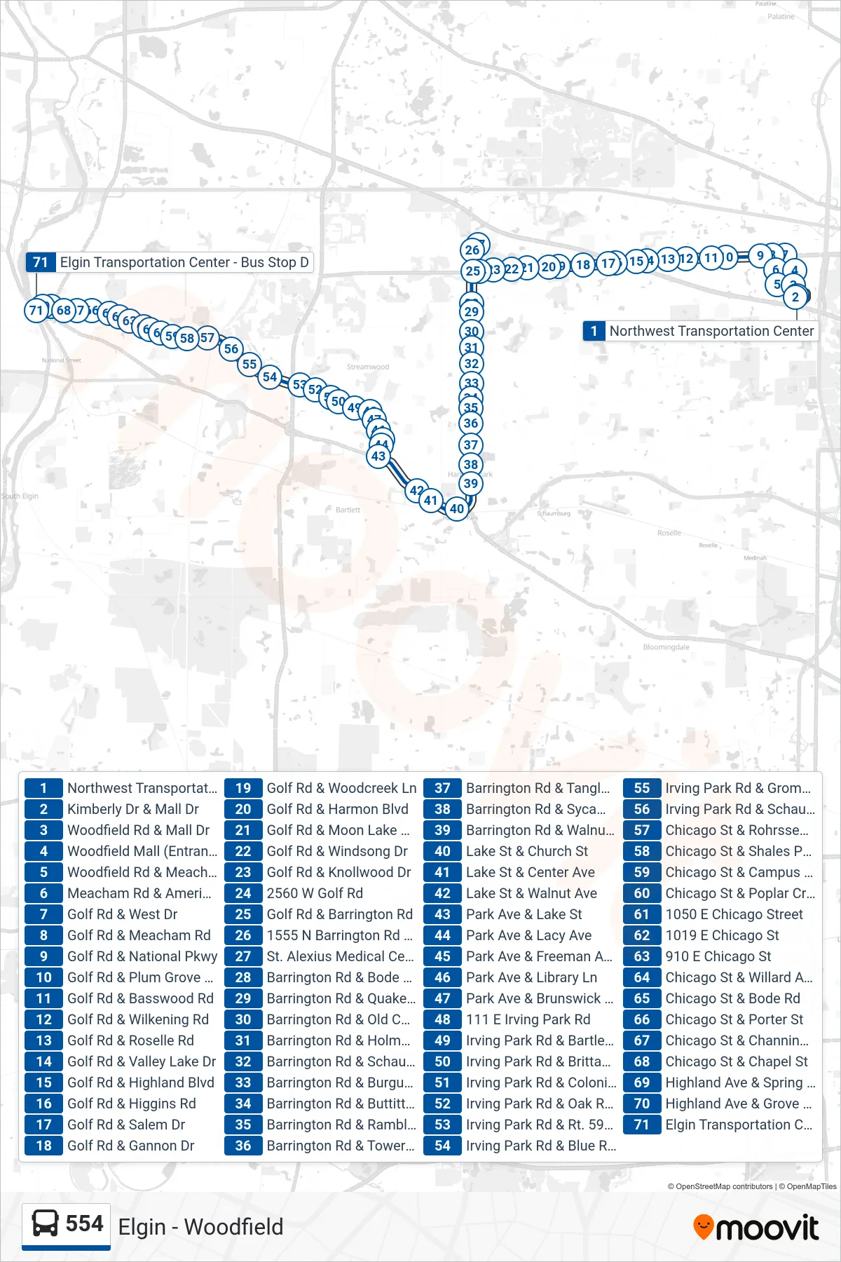 554 bus Line (Elgin Transportation Center - Bus Stop D) route and stops on a map
