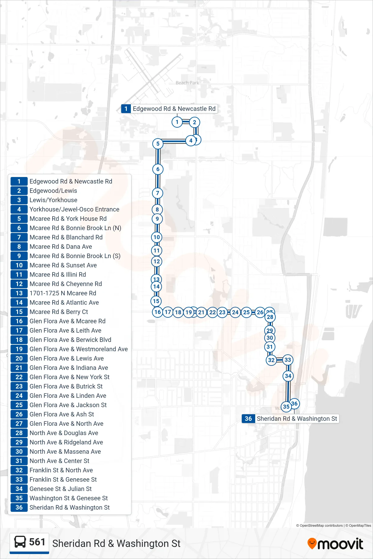 561 bus Line (Sheridan Rd & Washington St) route and stops on a map