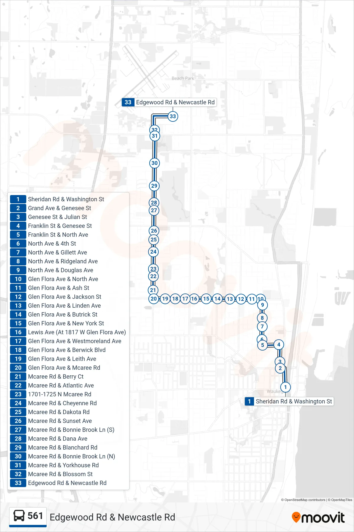 561 bus Line (Edgewood Rd & Newcastle Rd) route and stops on a map
