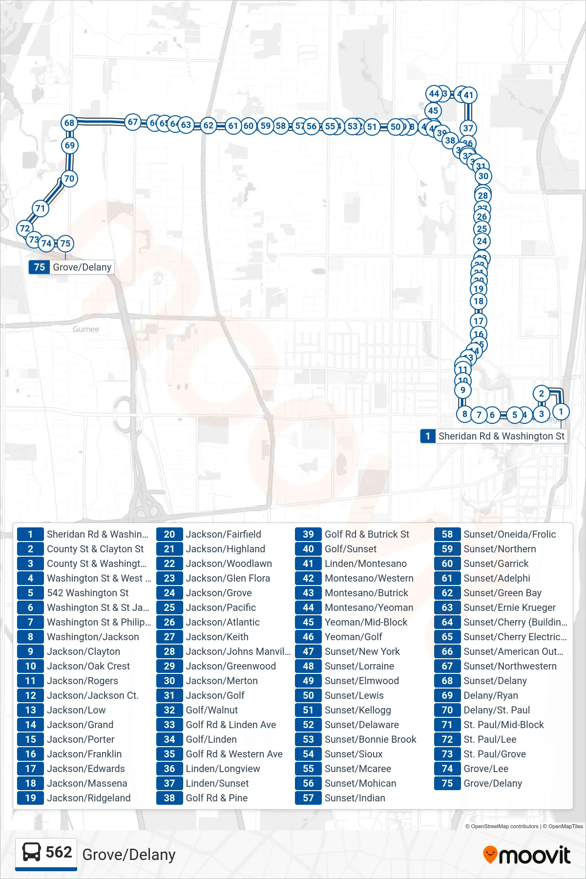 562 bus Line (Grove/Delany) route and stops on a map