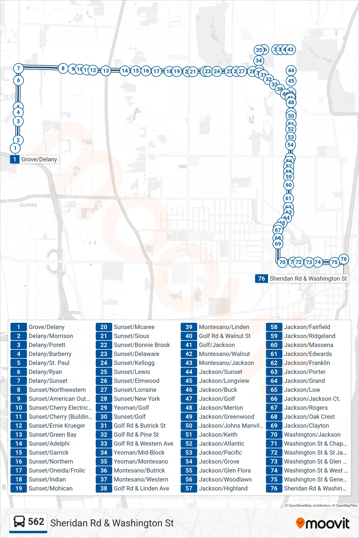 562 bus Line (Sheridan Rd & Washington St) route and stops on a map