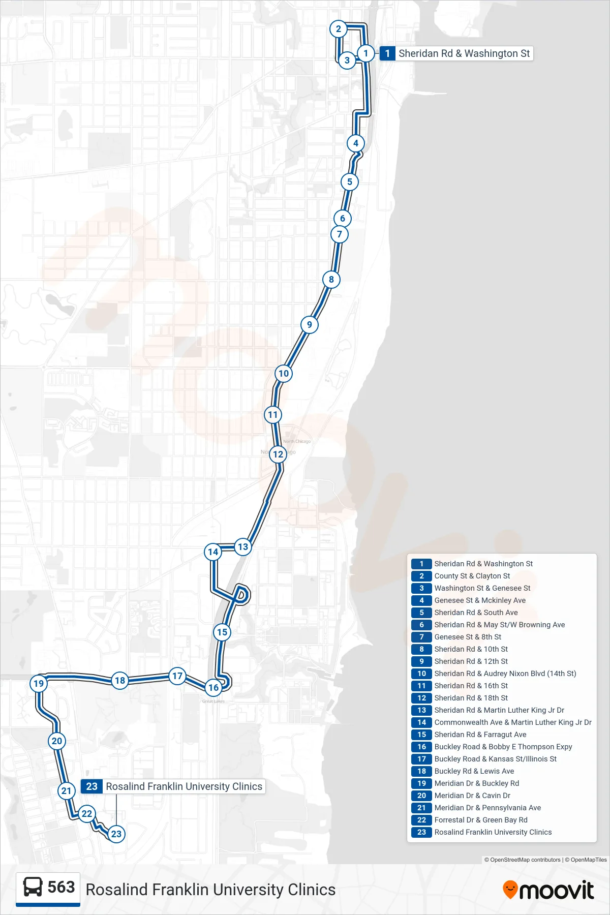 563 bus Line (Rosalind Franklin University Clinics) route and stops on a map