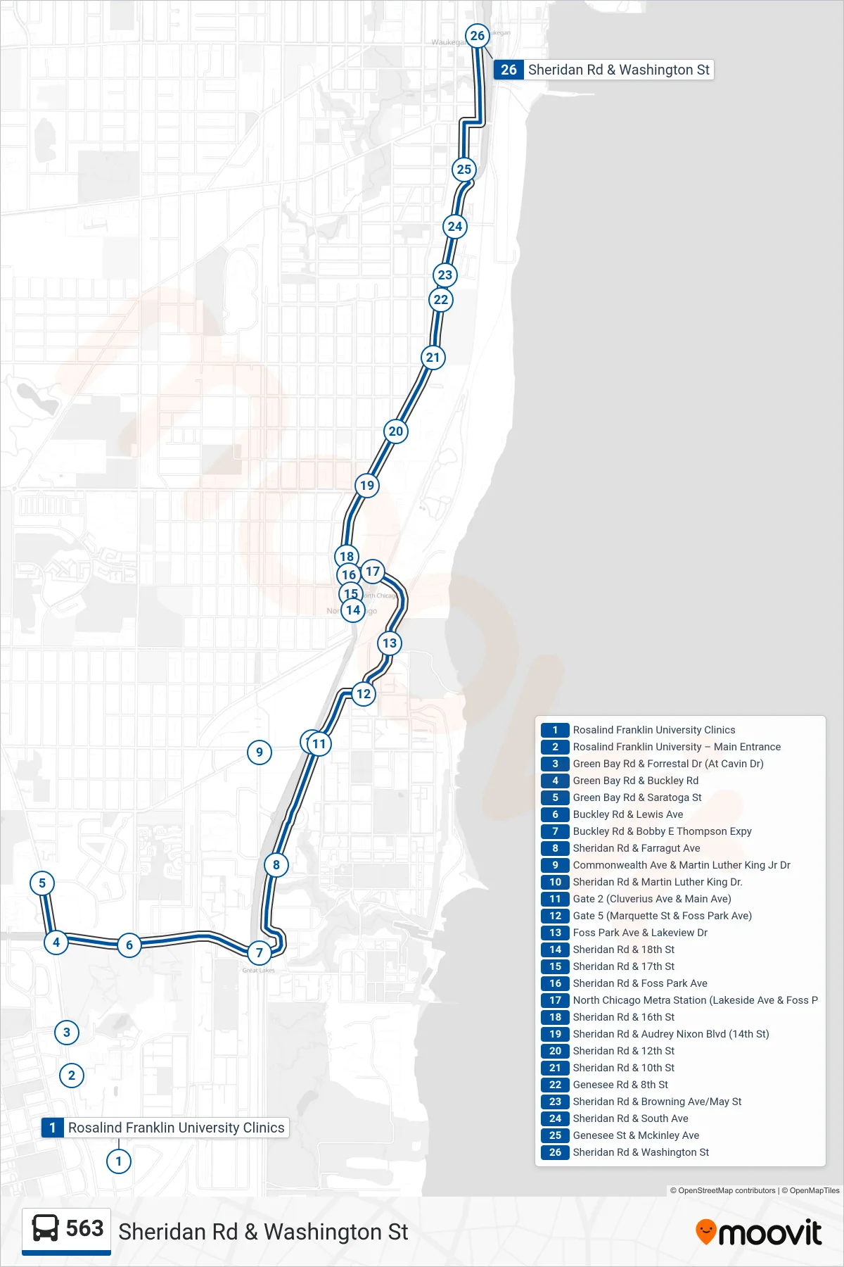 563 bus Line (Sheridan Rd & Washington St) route and stops on a map