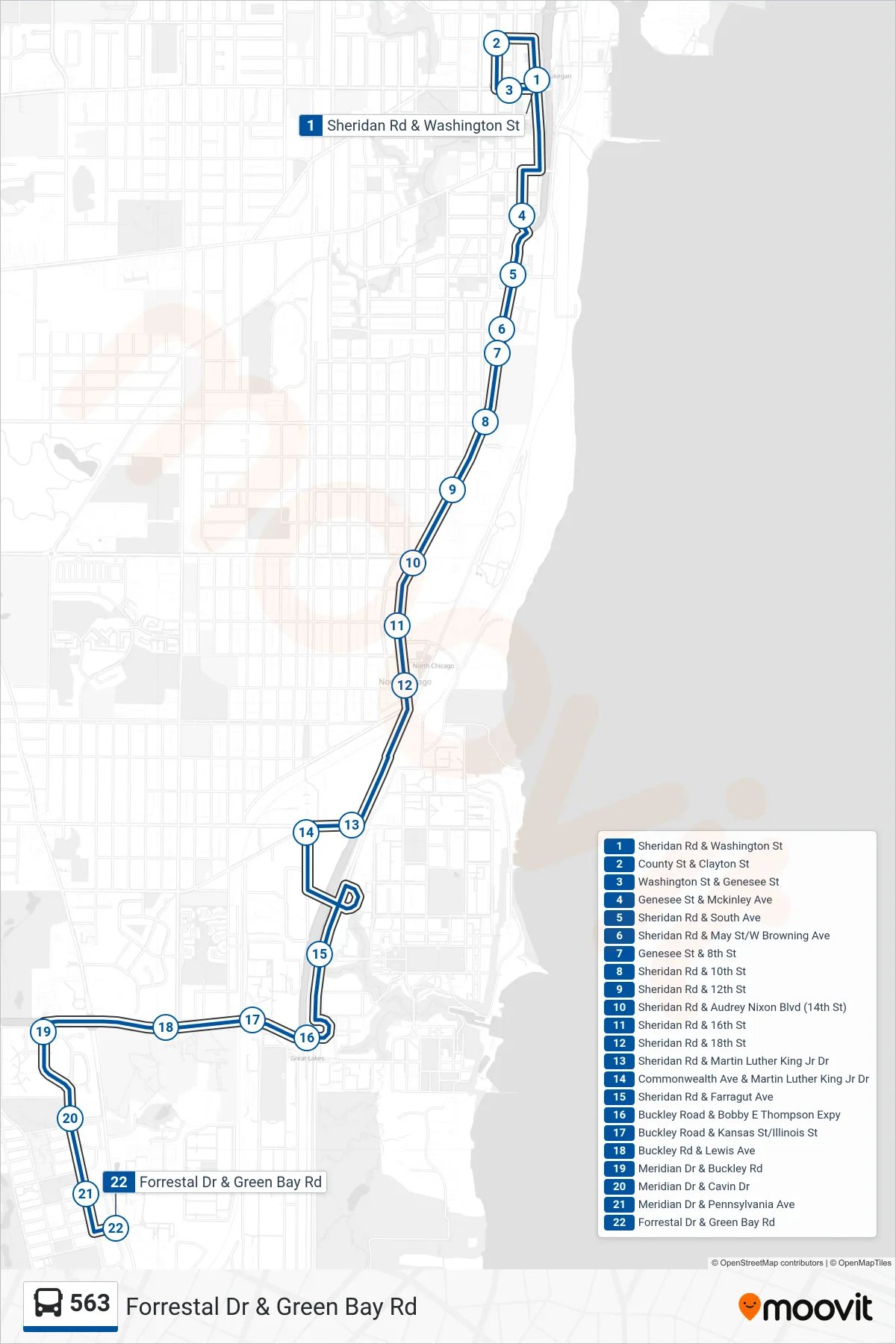 563 bus Line (Forrestal Dr & Green Bay Rd) route and stops on a map