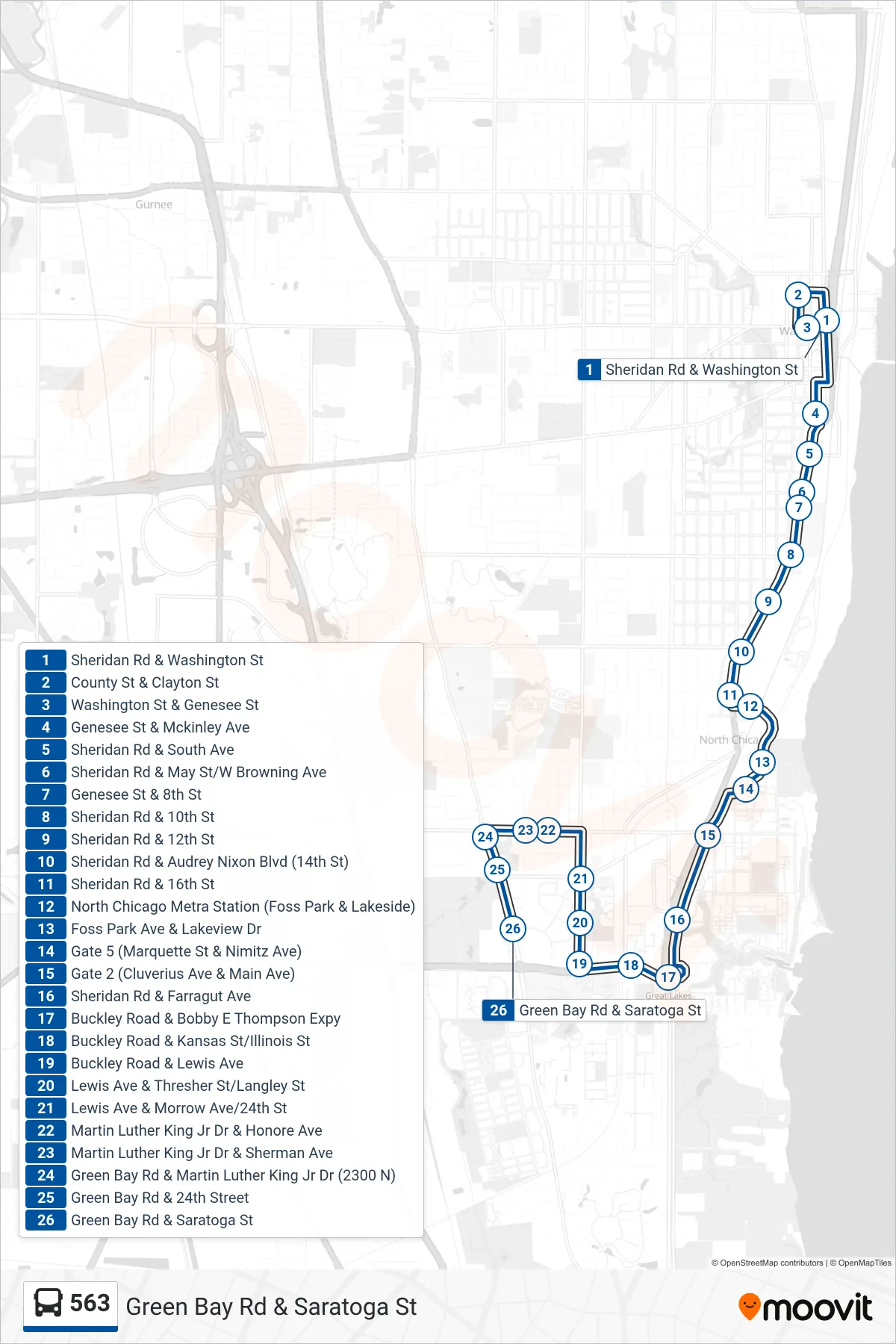 563 bus Line (Green Bay Rd & Saratoga St) route and stops on a map