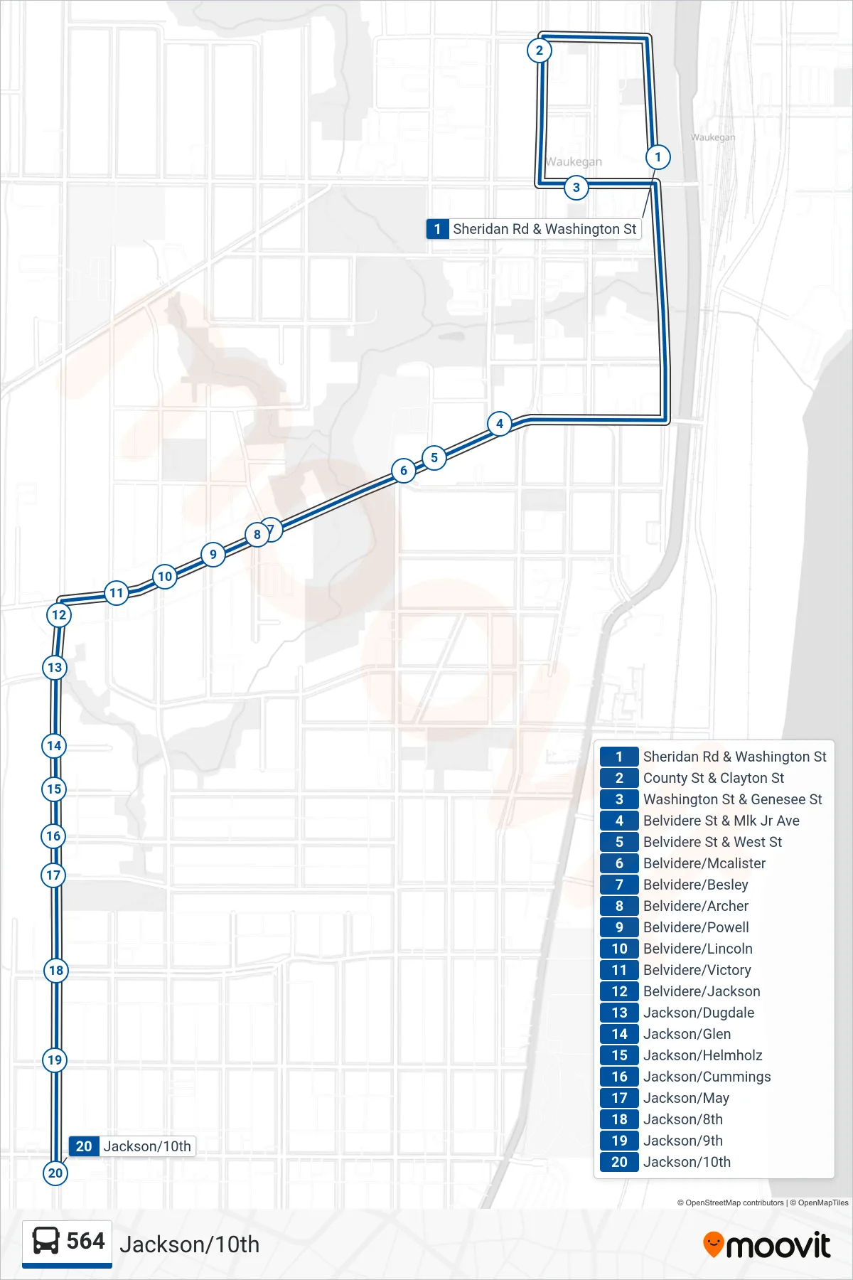 564 bus Line (Jackson/10th) route and stops on a map