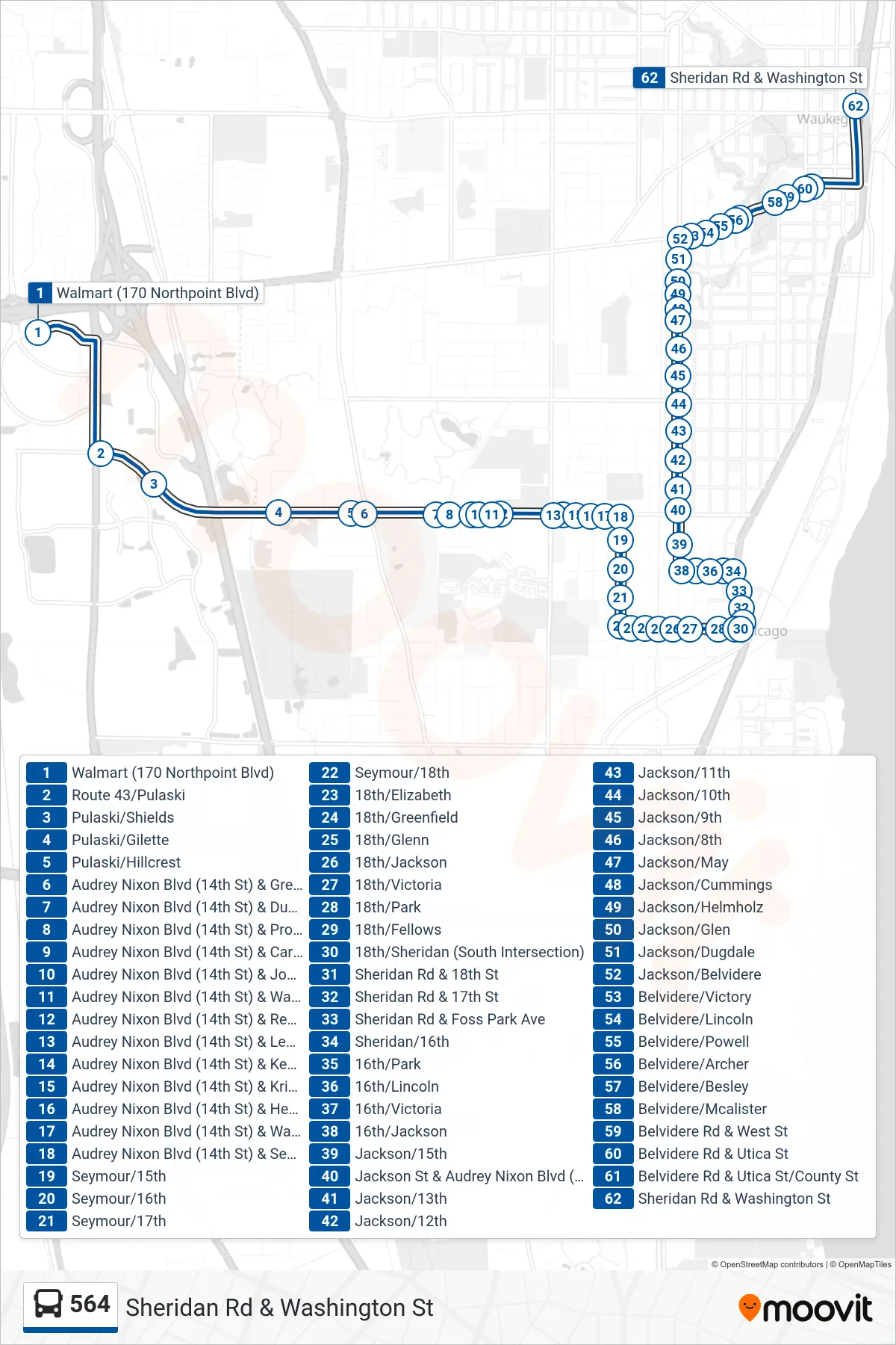 564 bus Line (Sheridan Rd & Washington St) route and stops on a map