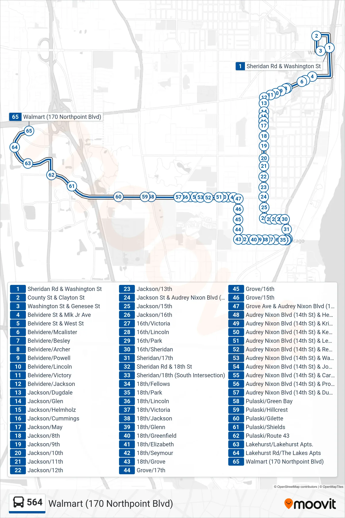 564 bus Line (Walmart (170 Northpoint Blvd)) route and stops on a map