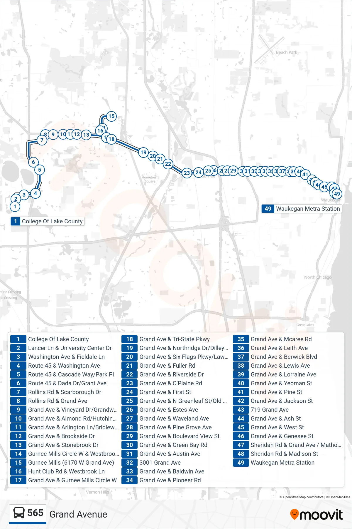 565 bus Line (Waukegan Metra Station) route and stops on a map