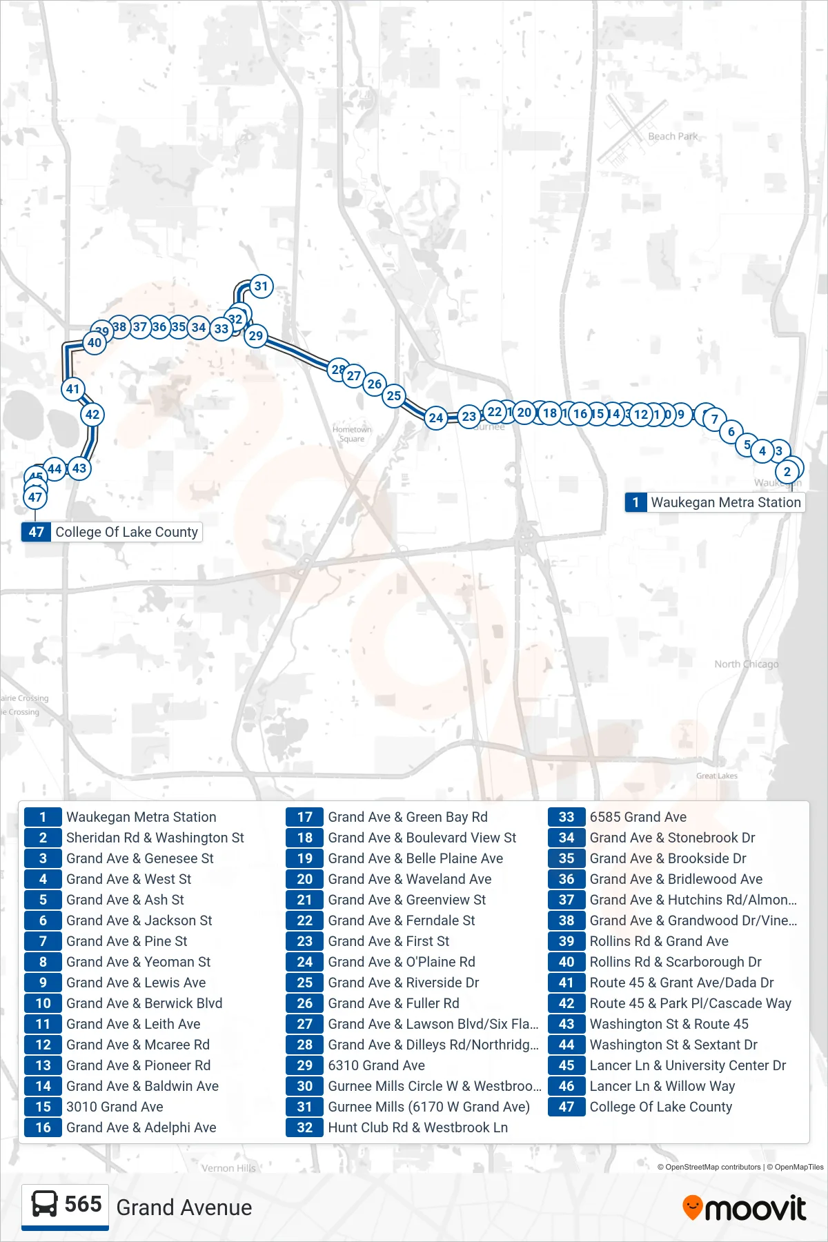 565 bus Line (College Of Lake County) route and stops on a map