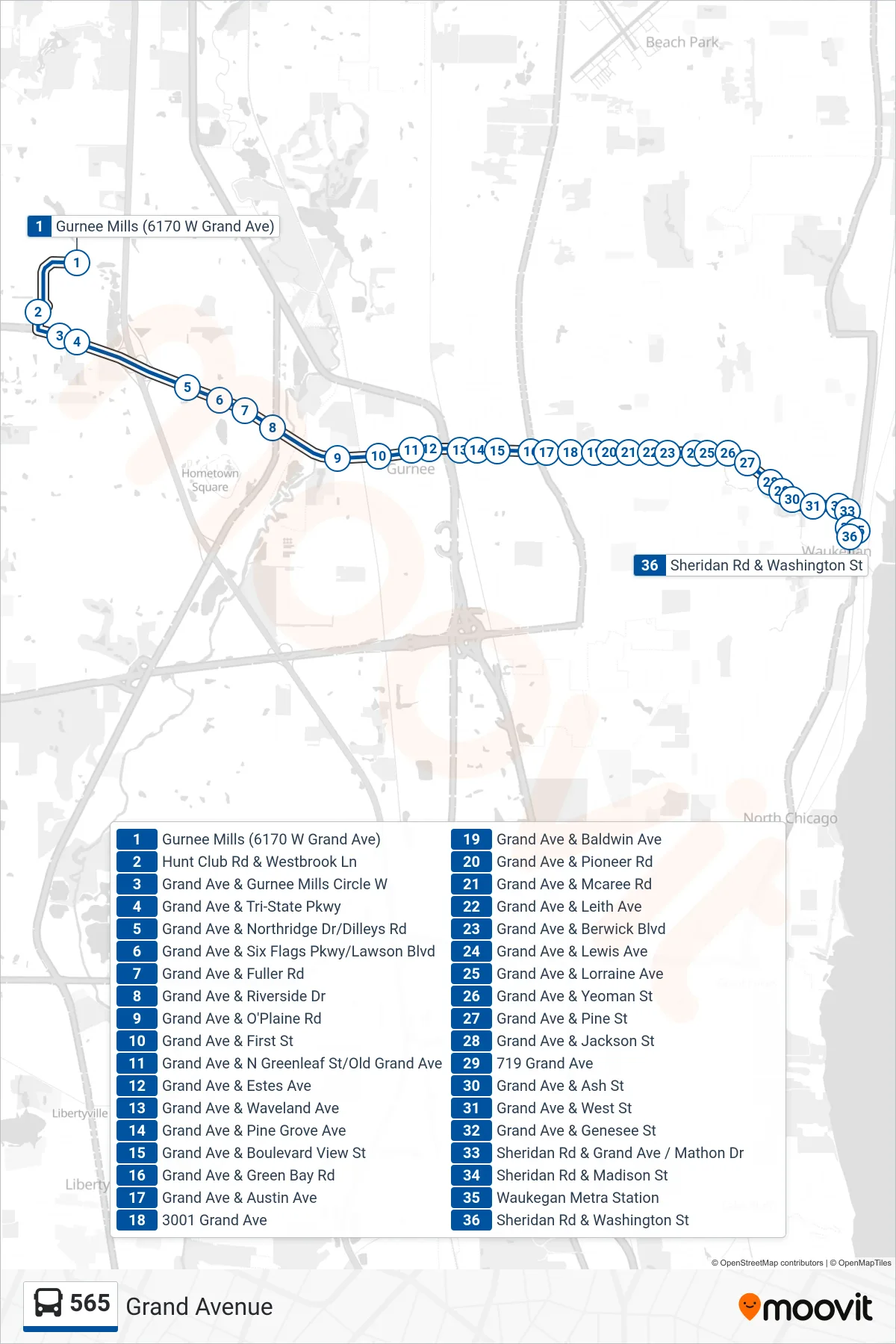 565 bus Line (Sheridan Rd & Washington St) route and stops on a map