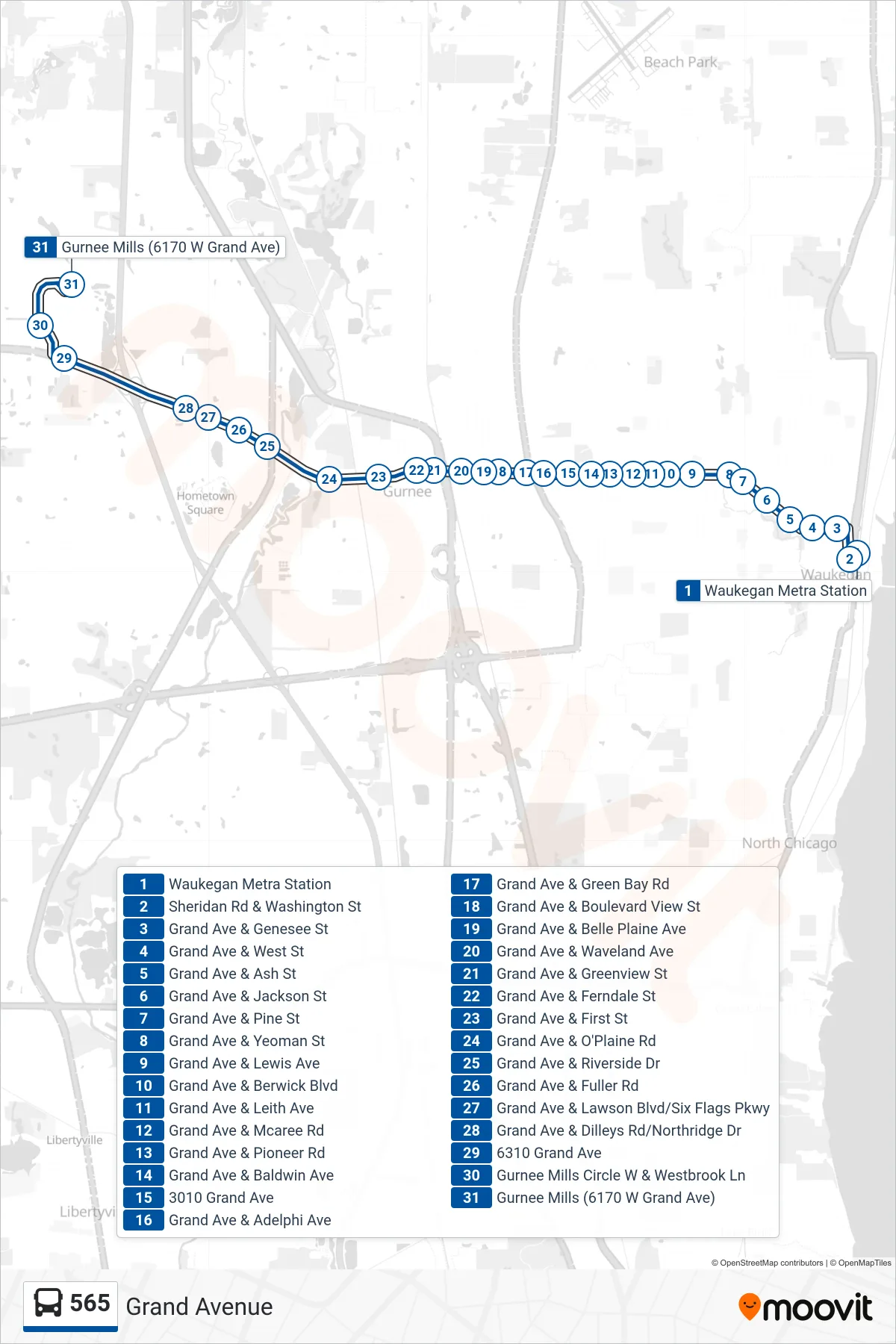 565 bus Line (Gurnee Mills (6170 W Grand Ave)) route and stops on a map