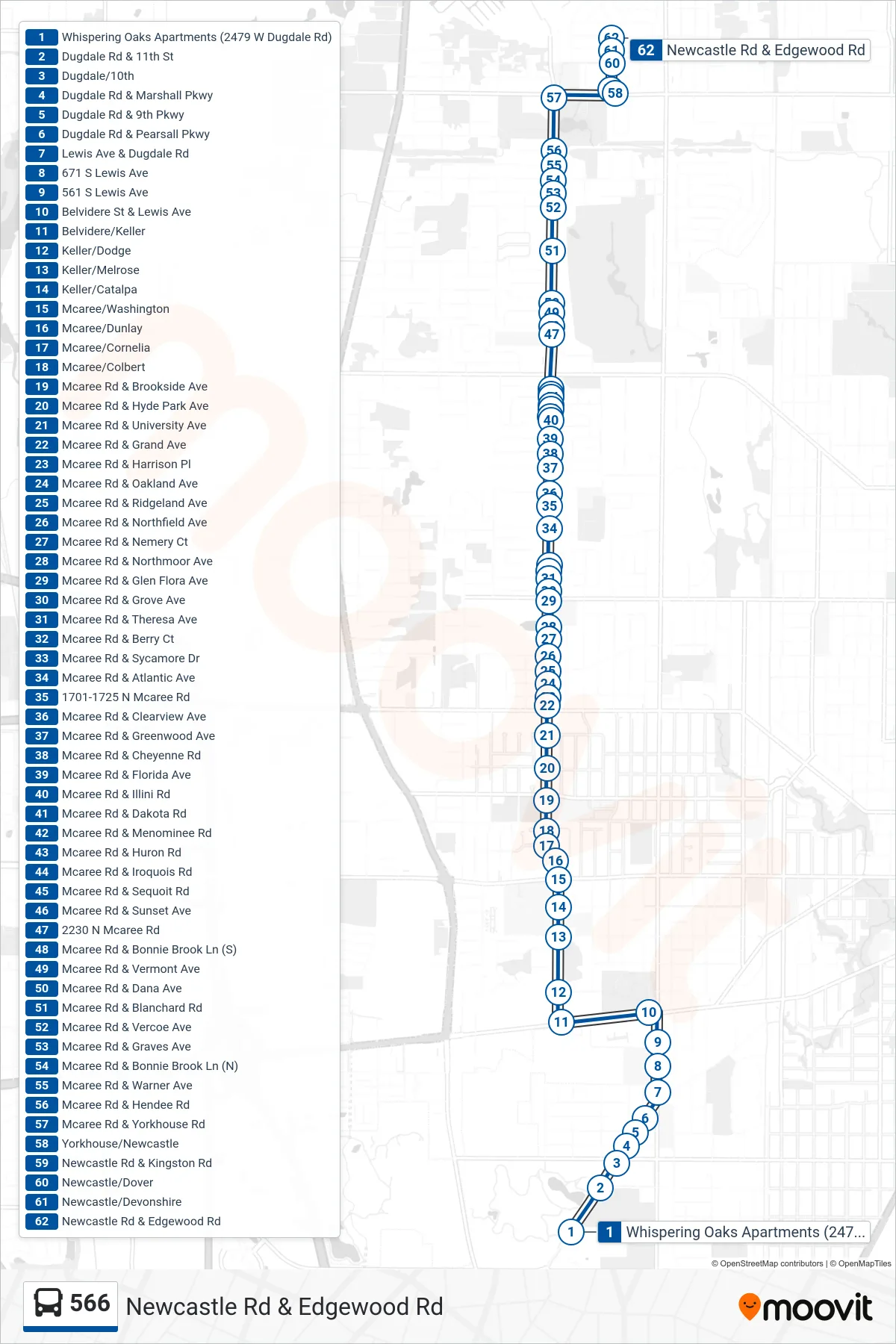 566 bus Line (Newcastle Rd & Edgewood Rd) route and stops on a map