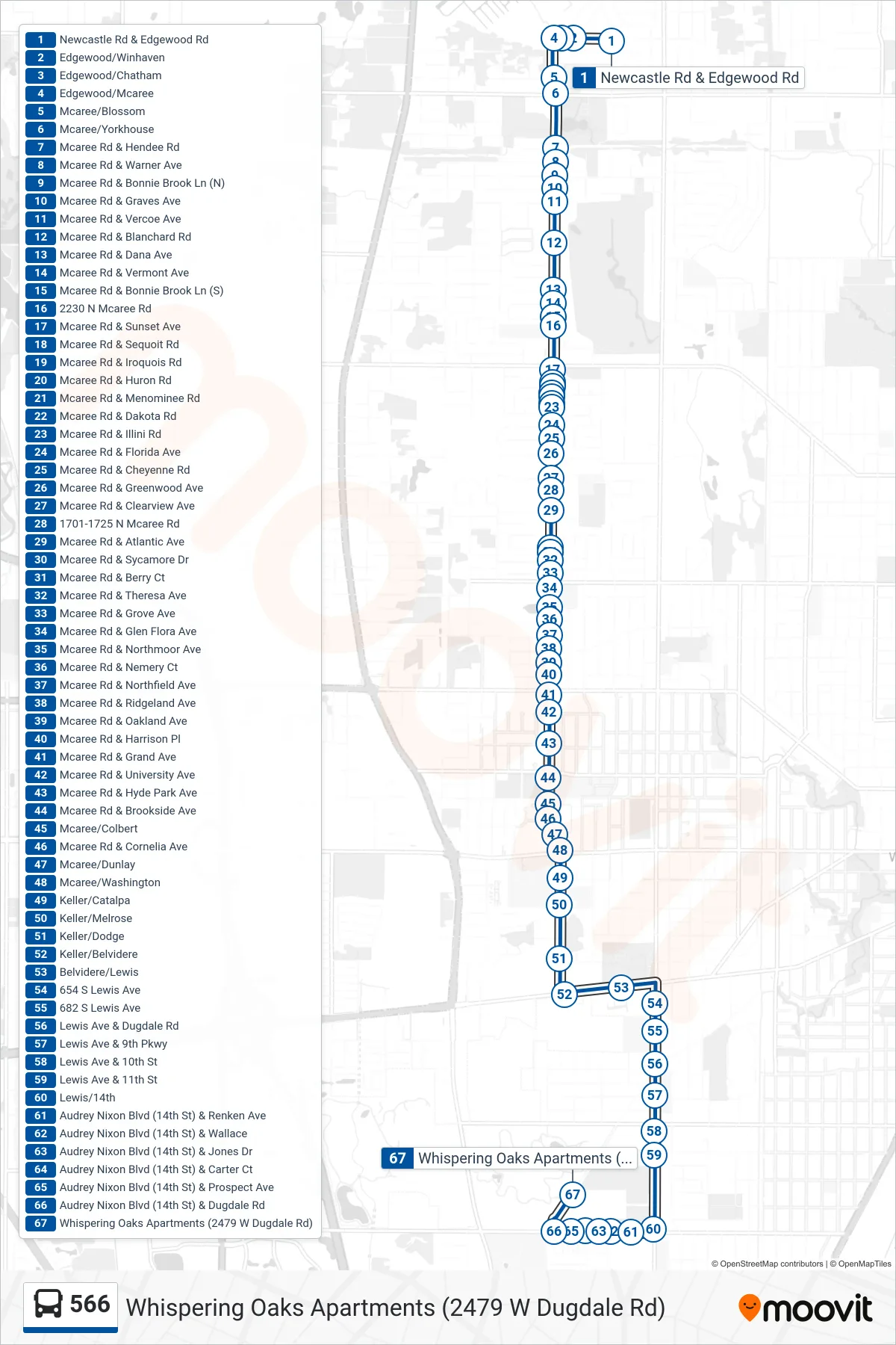 566 bus Line (Whispering Oaks Apartments (2479 W Dugdale Rd)) route and stops on a map