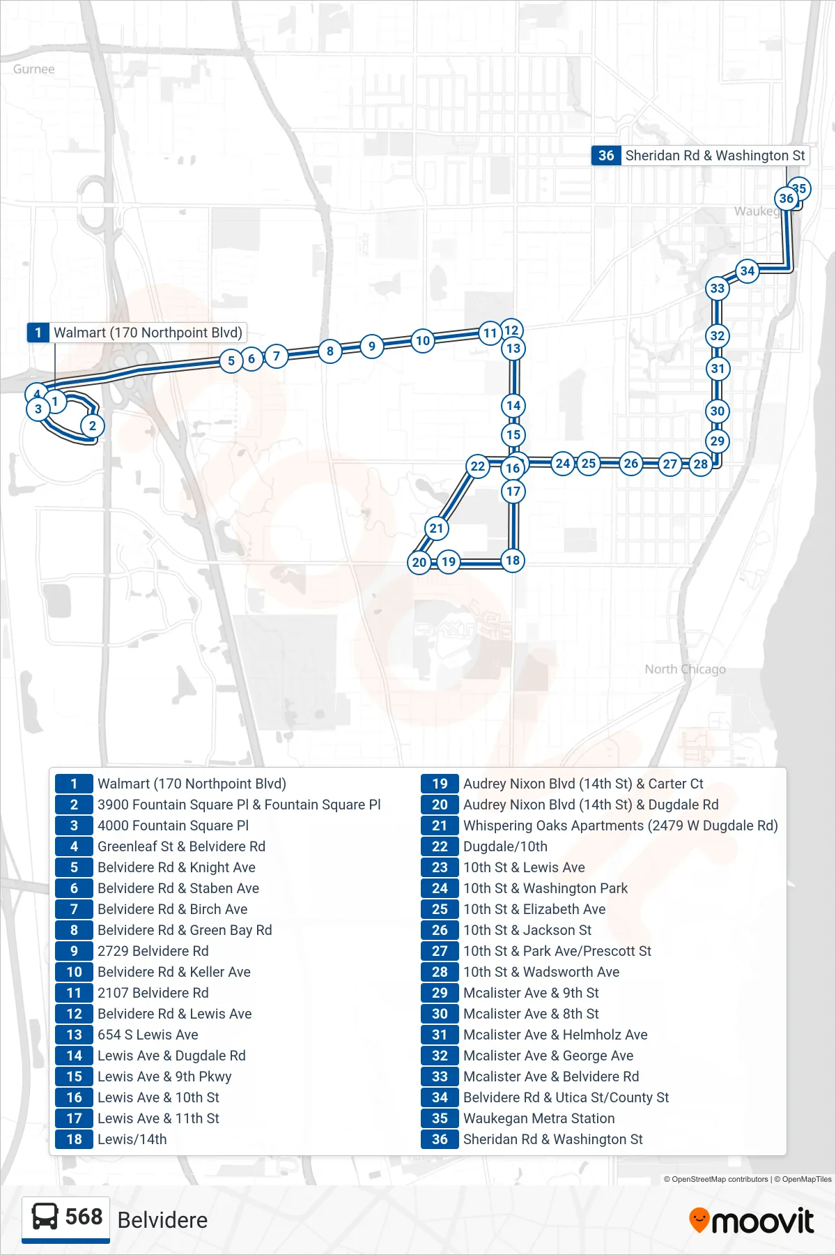 568 bus Line (Sheridan Rd & Washington St) route and stops on a map