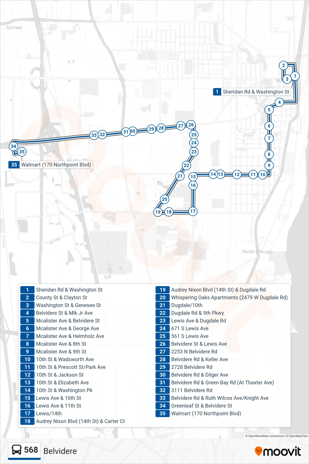 568 bus Line (Walmart (170 Northpoint Blvd)) route and stops on a map