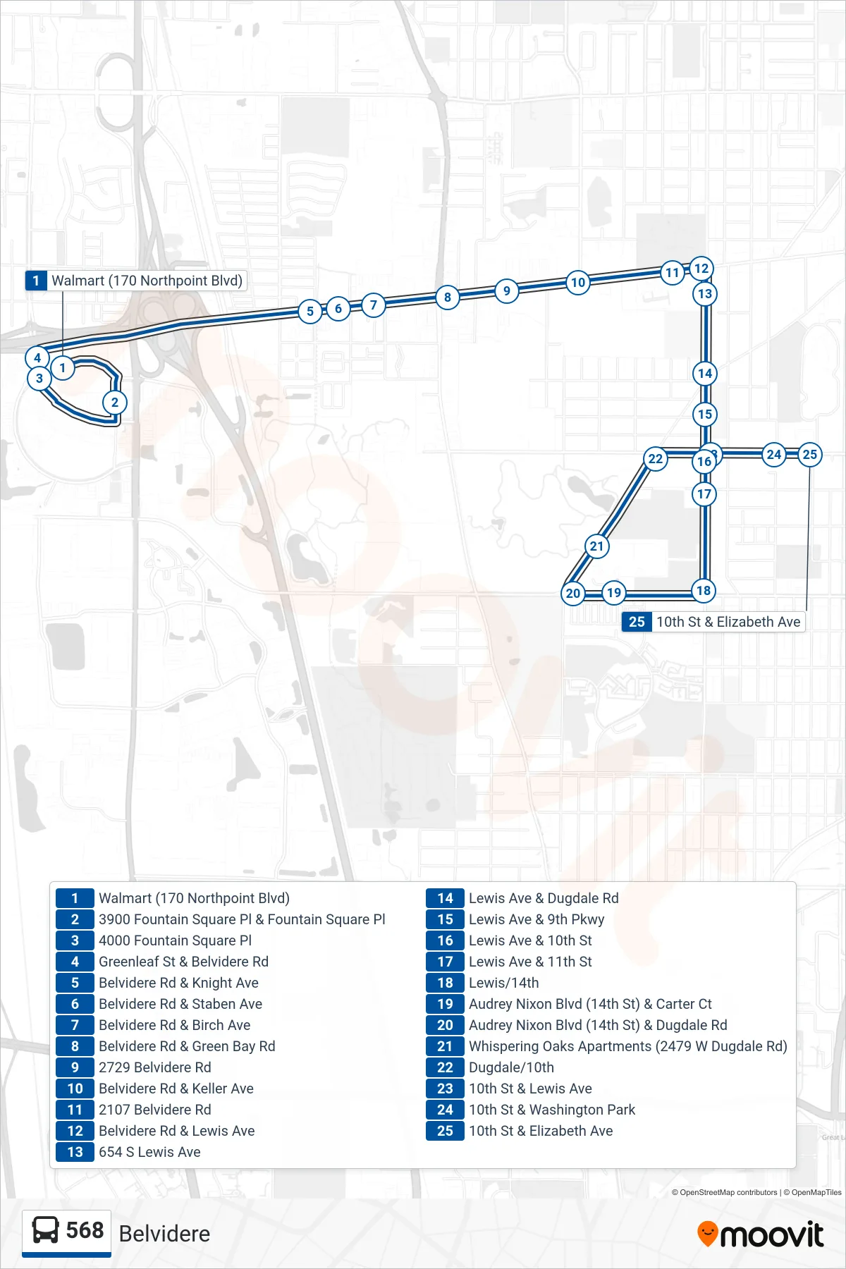 568 bus Line (10th St & Elizabeth Ave) route and stops on a map