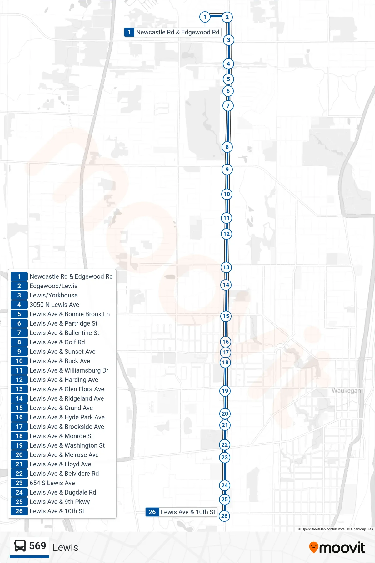 569 bus Line (Lewis Ave & 10th St) route and stops on a map