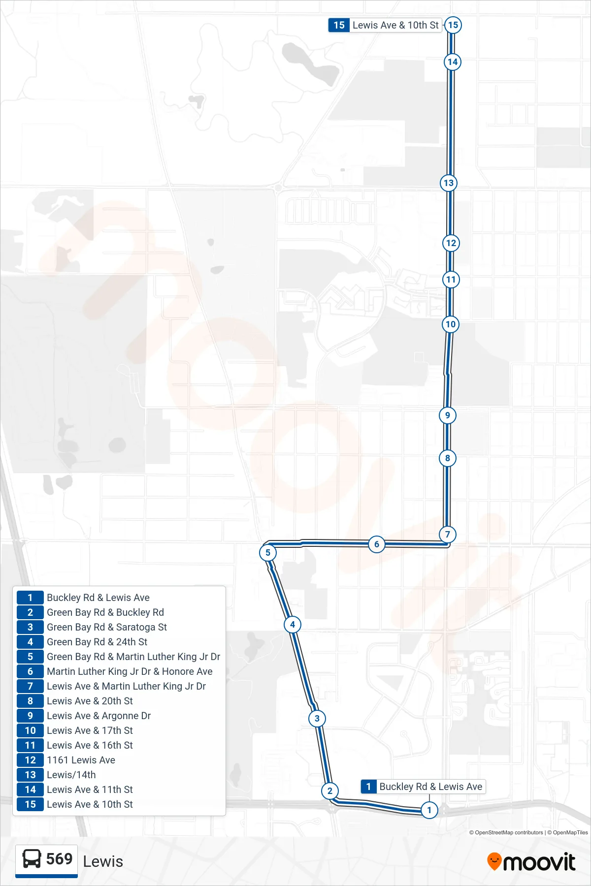 569 bus Line (Lewis Ave & 10th St) route and stops on a map